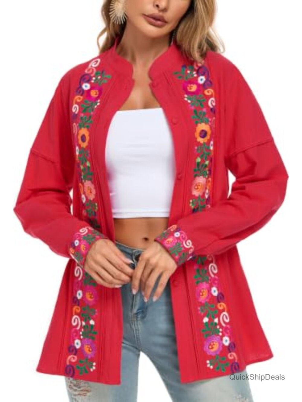 Womens Western Embroidered Boho Peasant Blouse Cotton Cowgirl Top